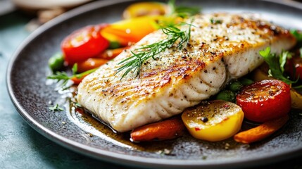 Freshly cooked fish fillet served with vegetables on a plate