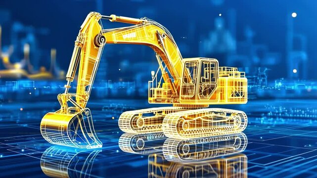 Futuristic digital excavator hologram in high-tech blue environment