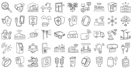 collection of various IoT device icons including smart home, wearable tech, and industrial automation