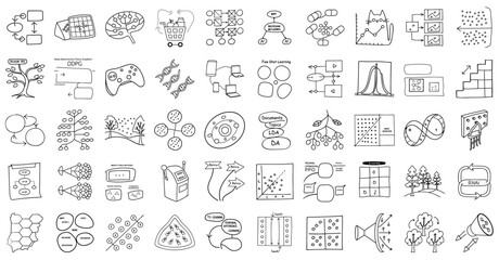 Various machine learning algorithm diagrams, including neural networks, decision trees, and clustering, are illustrated in hand drawn style