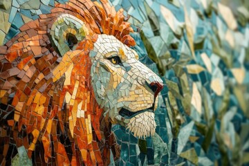 A majestic mosaic lion's head, crafted from vibrant colored tiles, against a detailed background.