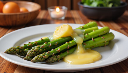 Steamed asparagus with melting butter on a plate, gourmet elegance