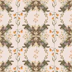 Easter seamless pattern with rabbits and yellow flowers on a light background. Hand drawn image.