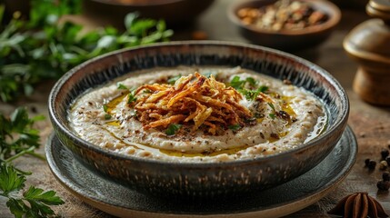Creamy baba ghanoush in rustic bowl with fried onions and parsley garnish vibrant food photography