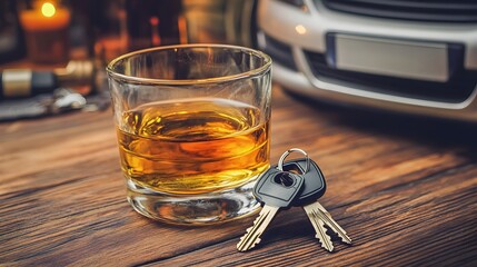 Whiskey Glass and Car Keys on Wooden Table Drink Driving Concept
