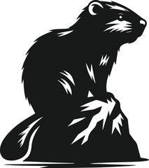 Beaver sitting on a rock and gazing into the distance vector silhouette