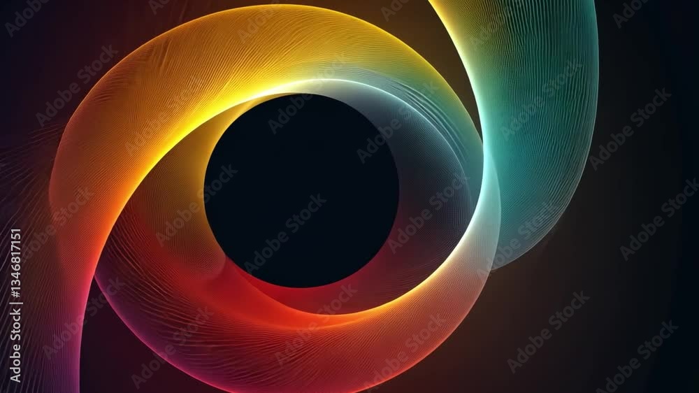 Poster vibrant abstract design colorful swirl lines in motion, creating dynamic energy around dark circle w