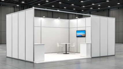 Empty conference booth mockup with screen and furniture in hall
