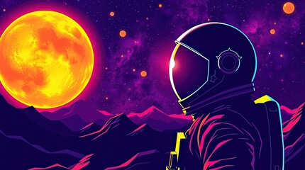 Obraz premium Astronaut looking at orange moon in vibrant cosmic landscape for sci-fi blogs, space exploration websites, astronomy education, and International Day of Human Space Flight celebrations