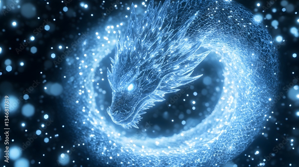 Poster a crystalline dragon emerging from a frozen digital portal, shards of glowing ice floating around it