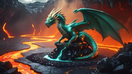 A Majestic Guardian of an Obsidian Throne in a Fiery Realm