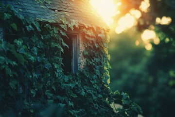 Ivy-covered abandoned building at sunset, showcasing nature's reclamation.