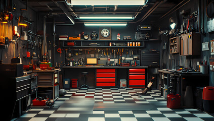 Mechanic Workshop: A detailed interior view of a well-equipped workshop. Showcasing organization, tools, and machinery. The perfect backdrop for your mechanic or auto repair concepts.