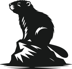 Beaver sitting on a rock and gazing into the distance vector silhouette