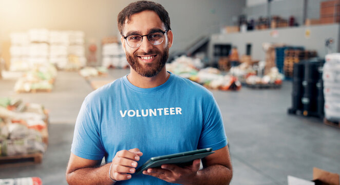 Portrait, man and volunteer on tablet with donation, food stock and inventory management for charity. Person, digital and checklist with groceries, supply chain and community distribution for welfare