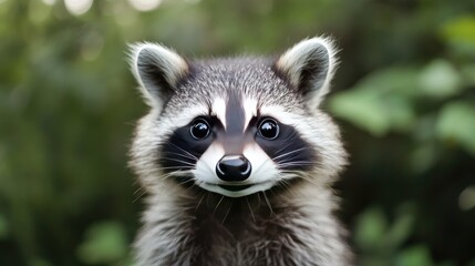 Fototapeta premium Cute Raccoon Face with Expressive Eyes Surrounded by Greenery
