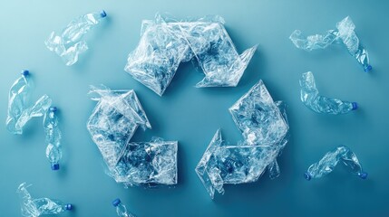 A creative composition of crumpled plastic bottles arranged in a recycling symbol on a blue background