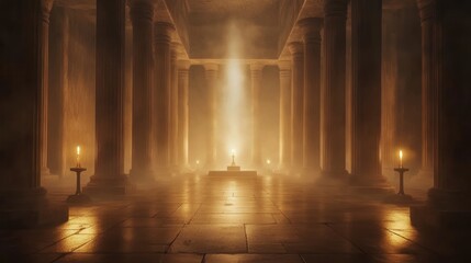 Ancient Temple Illuminated by Golden Candlelight creating Mysterious Atmosphere with Majestic Pillars