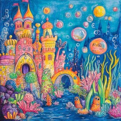 Obraz premium Underwater castle dreamscape with whimsical creatures