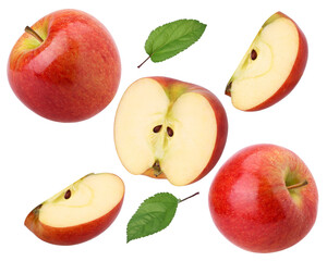 red apple (Envy Apple), half, slice and leaves isolated, fresh red apple, transparent PNG, PNG format