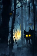 Glowing eyes peer from dark forest shadows