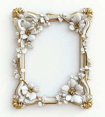 A decorative frame adorned with intricate white and gold floral and leaf patterns, exuding elegance and a luxurious artistic design.
