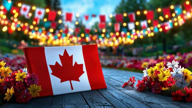 Canadian independence day celebration scene with flags and festive lights outdoors
