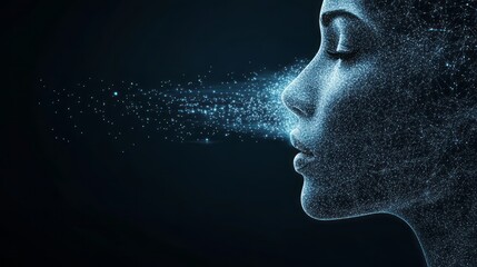 AI portrait of a woman enveloped in sound wave particles, in a futuristic and high-tech style. Marketing concept for speech technology and computer communication generated by artificial intelligence.