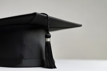 Close up photograph of a black graduation cap with a tassel