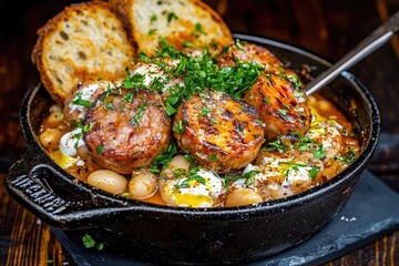 Fototapeta premium Flavors of a hearty breakfast dish with sausages, poached eggs, and beans in a rustic setting