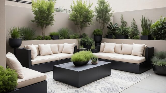 Modern outdoor patio features comfortable seating and lush landscaping