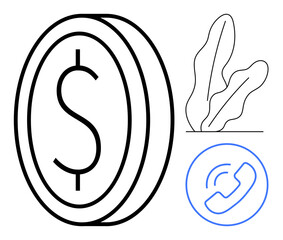 Dollar coin symbolizing money, plant illustrating growth, and phone call icon for communication. Ideal for business, finance, investment, growth, communication modernity minimalism. Flat simple