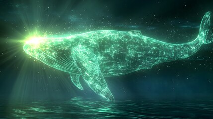 A massive glowing leviathan emerging from a digital sea, its form glitching in and out of existence
