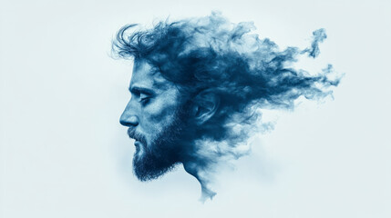 A manâ€™s profile blending with ocean waves, his hair transforming into swirling water currents,