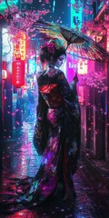 Obraz premium Geisha umbrella vibrant city street blossoms