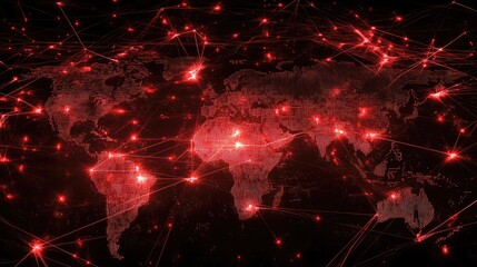 A global network map illuminated in red, showcasing interconnected nodes and lines across continents at night