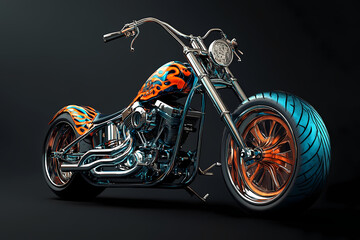 Custom Chopper Motorcycle: A sleek, custom chopper motorcycle, featuring vibrant flame decals, chrome accents, and a powerful engine, stands out against a dark background.