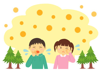 木から飛散する花粉と花粉症の子どものイメージイラスト
