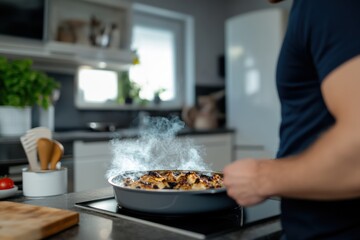 A person skillfully cooking chicken in a stylish kitchen, demonstrating culinary techniques while showcasing a blend of passion and the potential for kitchen mishaps.