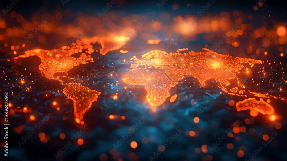 Poster a world map represented by illuminated digital dots, visualizing global networks and data connectivi