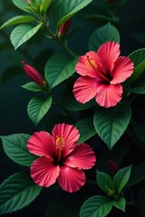 Dark leafy greens foliage with vibrant hibiscus flowers, dark colors, jungle leaves