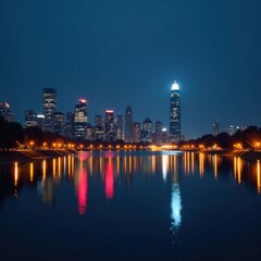 Darkened cityscape with twinkling streetlights and skyscrapers reflected in a calm lake, european cities, architecture