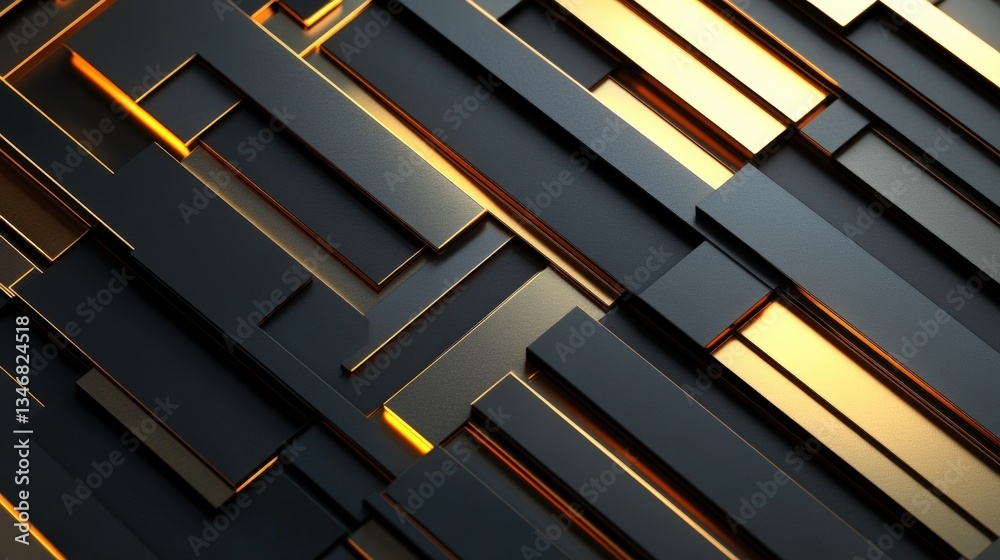 Poster abstract digital geometric pattern with intersecting black and gold rectangular blocks creating a dy
