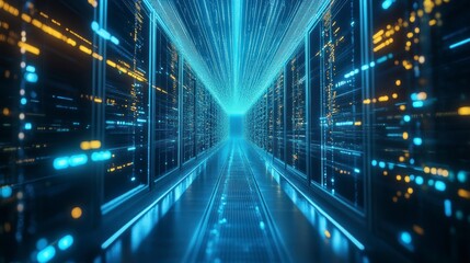 Futuristic server room tunnel, data flow, digital tech, technology