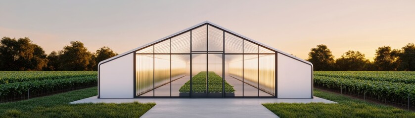 A modern greenhouse surrounded by lush greenery, showcasing a sleek design with large glass panels, illuminated by a warm sunset.