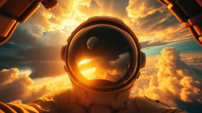 Cosmic telescope view with dramatic clouds and sunlight, ideal for astronomy websites, space exploration blogs, and educational materials for World Aviation and Cosmonautics Day