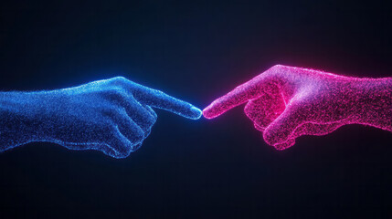 Obraz premium A close-up of hands exchanging digital currency through a holographic interface, representing the