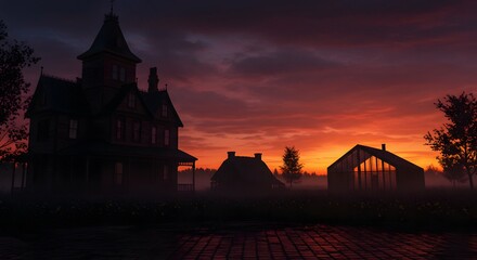 Dramatic Sunset Over a Spooky House and Rural Buildings in a Foggy Landscape