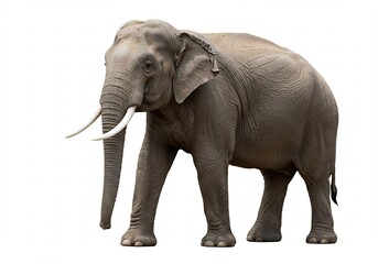 白い背景、穏やかな表情の雄大な象。力強く優しい存在感。