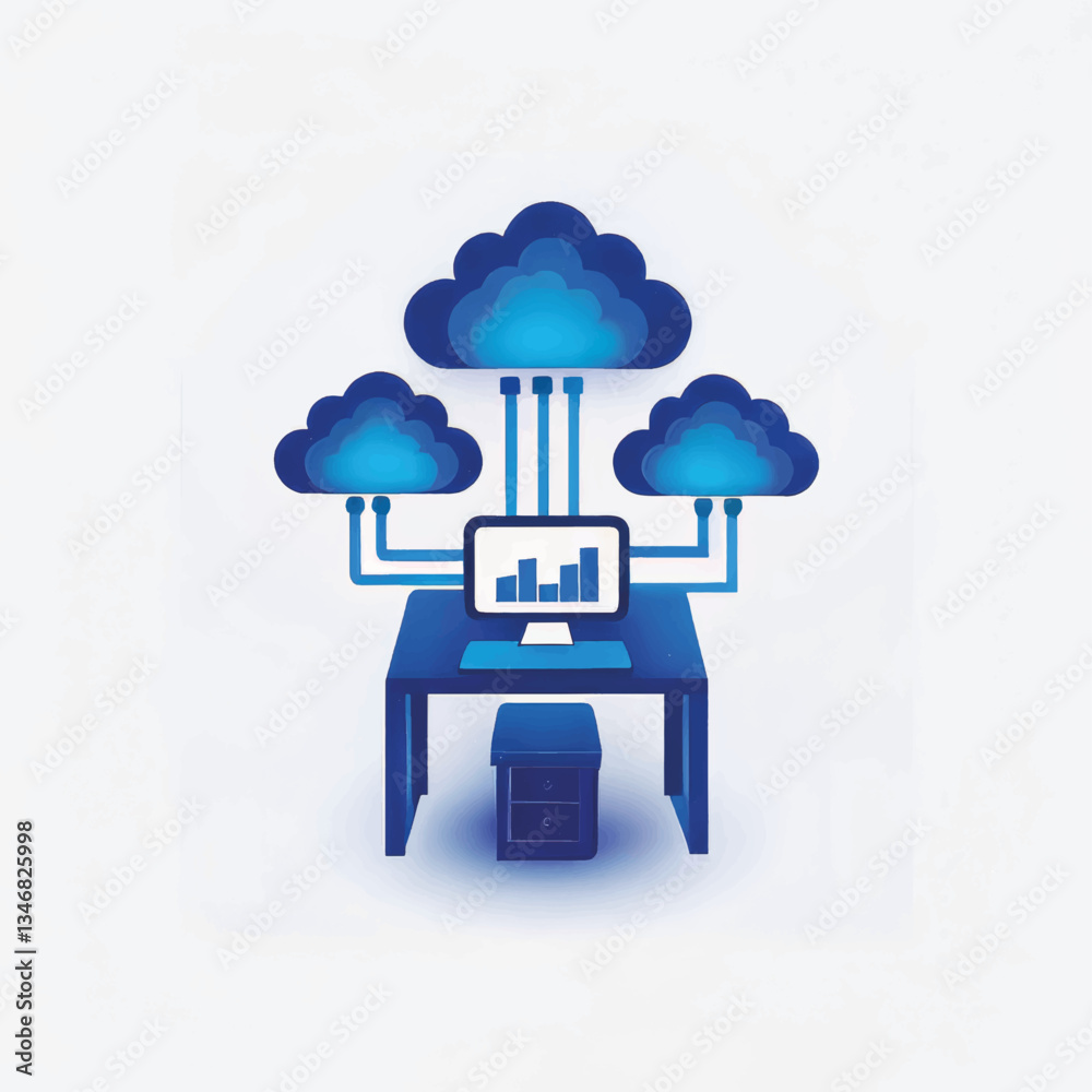 Poster Cloud computing concept with a desk and data visualization  